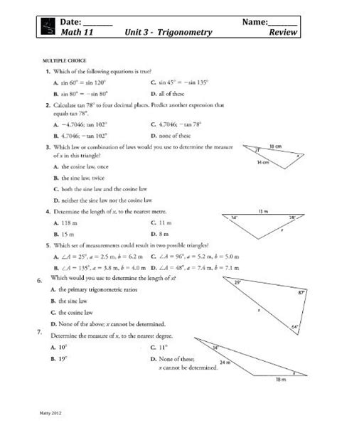 Math 11 Unit 3 Trigonometry Review AbbyNet