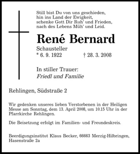 Traueranzeigen von René Bernard Saarbruecker Zeitung Trauer de