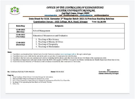 Cluster University Srinagar Date Sheet For B Ed Semester 3rd Regular