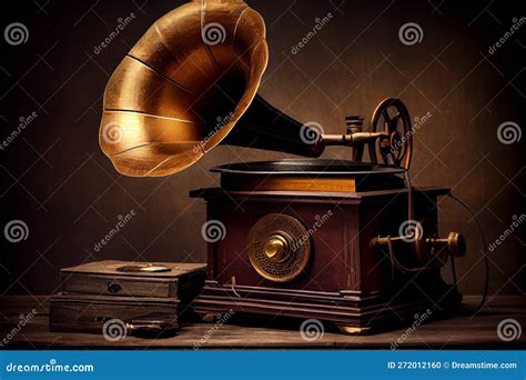 Old Antique Gramophone Or Phonograph And Black Music Notes In Dark