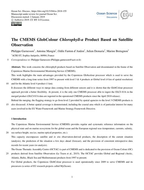 Pdf The Cmems Globcolour Chlorophyll A Product Based On Satellite Observation