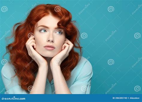 Thoughtful Redhead Woman With Hands On Cheek On Blue Background Ai