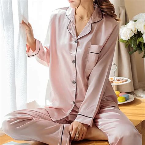 Women Satin Silk Pajamas Set Long Sleeve Shirt Tops Long Pants Set Sleepwear Home Suit Nightwear