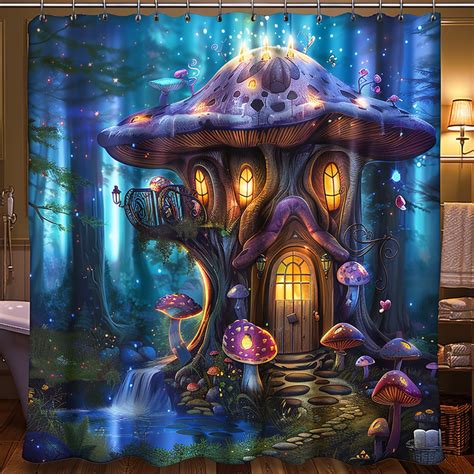 Fantasy Mushroom House In Enchanted Forest Shower Curtain Detailed