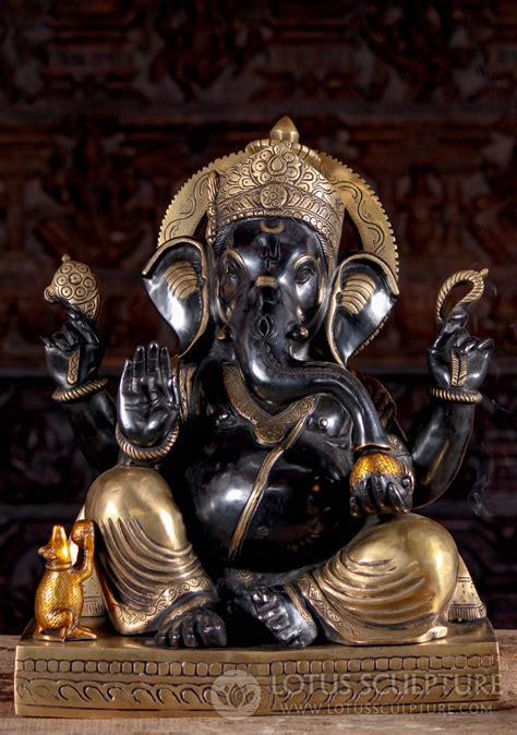 Finely Detailed Seated Brass Ganesh Statue In Abhaya Mudra Of