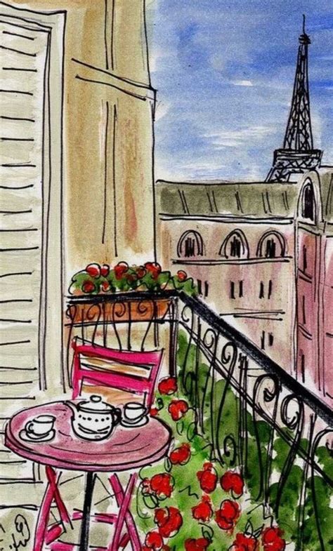 A Painting Of A Balcony With A Table And Chairs Overlooking The Eiffel