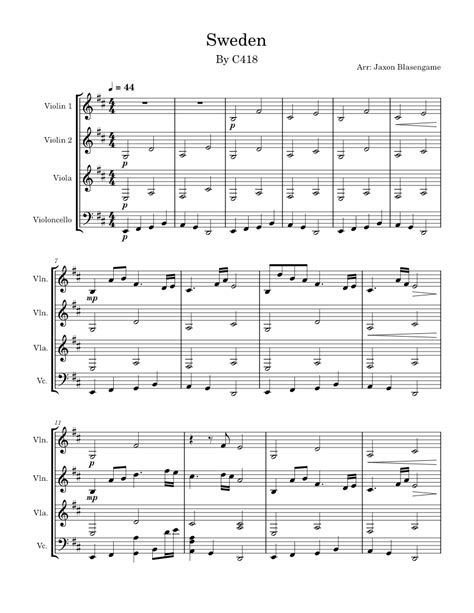 Sweden C418 Sweden Sheet Music For Violin Viola Cello String Quartet