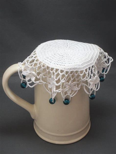 White Crochet Beaded Jug Cover With Blue Beads Beaded Glass Etsy Bead Crochet Crochet Jar