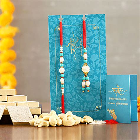 Blue Pearl Lumba Rakhi Set And Cashew With Kaju Katli Exp Uk Gift