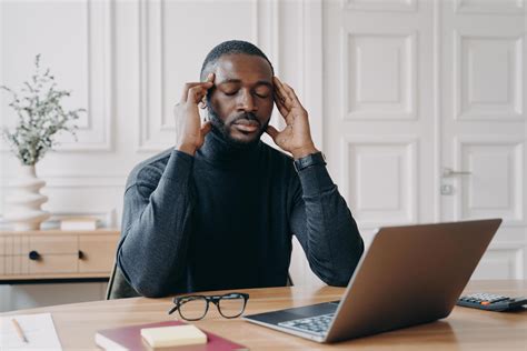 Frustrated Tired Afro American Man Office Worker With Closed Eyes