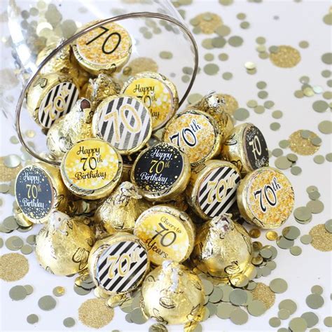 Black And Gold 70th Birthday Stickers For Chocolate Kisses Candy Happy