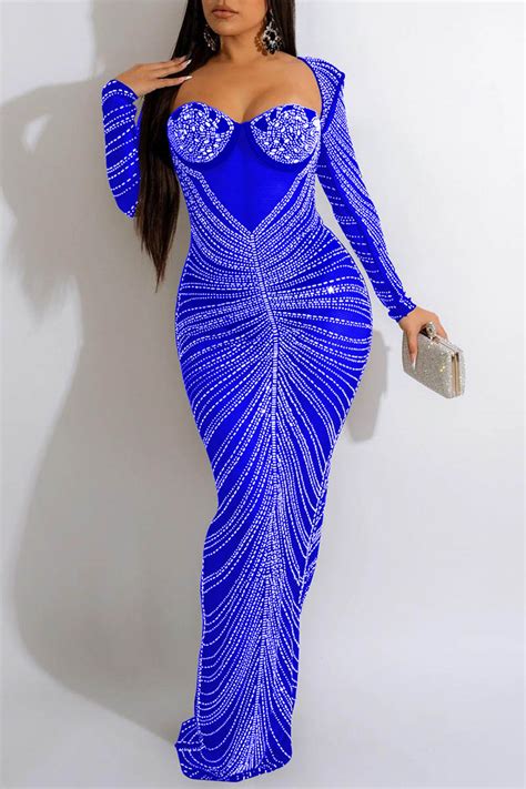 Blue Sexy Patchwork Hot Drilling See Through Backless Square Collar Long Sleeve Dresses Maxi