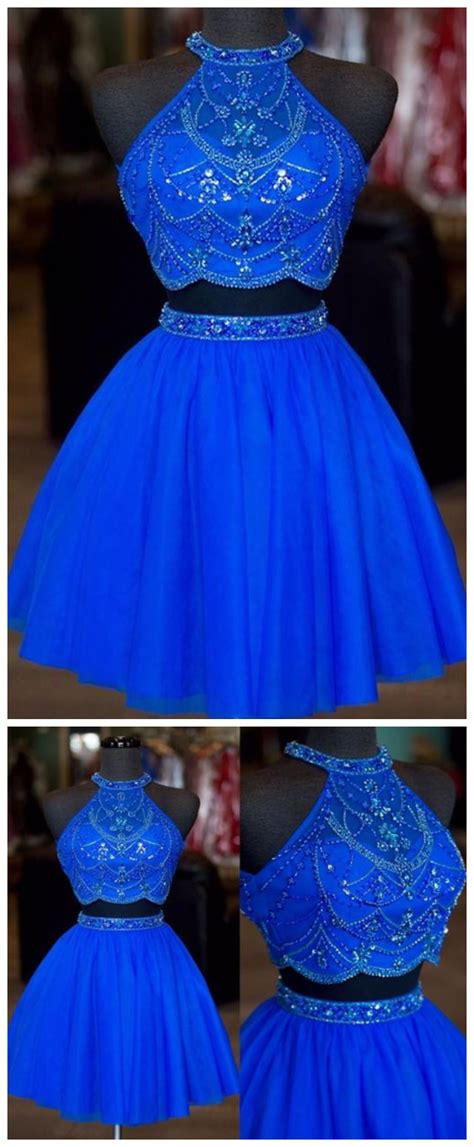 Royal Blue Two Piece Sleeveless Short Homecoming Dresses With Beaded