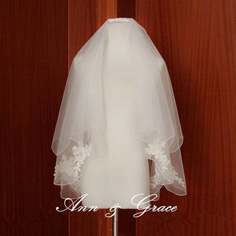 2 Tier Bridal Veil Lace Fingertip Veil Alencon Lace Veil Ivory