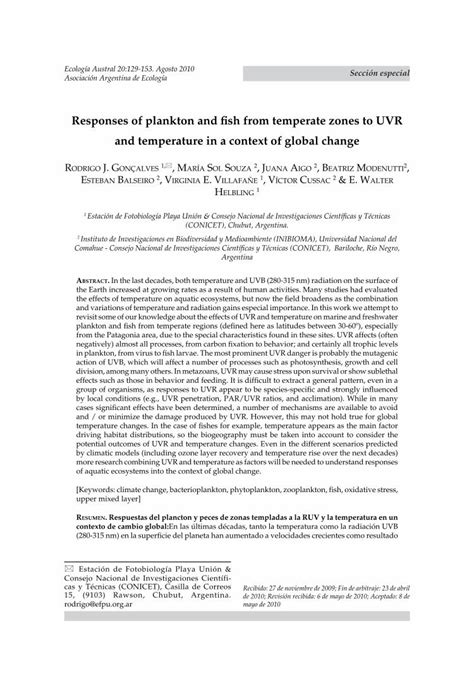 PDF Responses Of Plankton And Fish From Temperate Zones To UVR