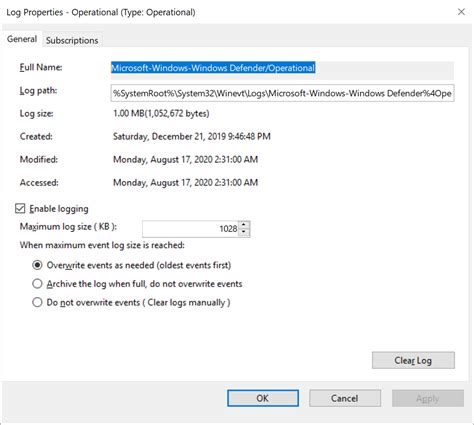 Windows Event Log Settings