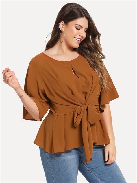 Plus Open Front Knot Solid Top Shein Sheinside Plus Size Blouses