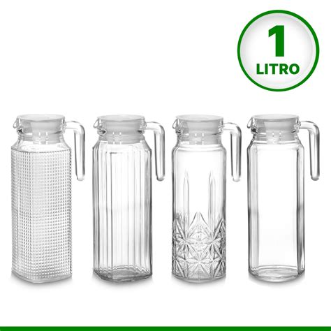 Jarra de Vidro Suco água 1 Litro Alça Tampa Plástico 1L Shopee Brasil