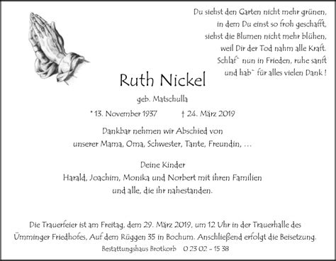 Traueranzeigen Von Ruth Nickel Trauer In Nrw De