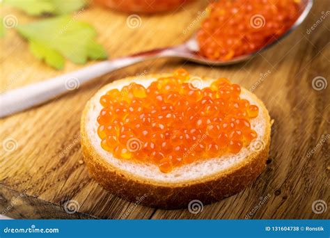 Caviar Snacks Red Fish Roe On The Bread Stock Photo Image Of Board