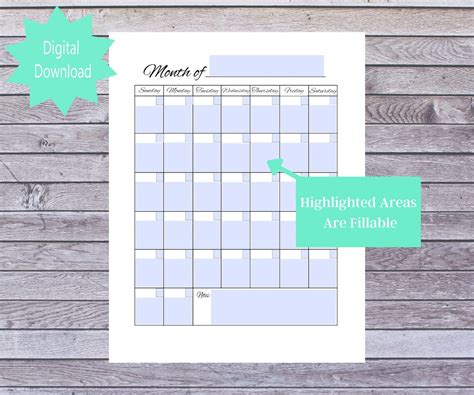 Editable Blank Calendar Blank Fillable Calendar Printable Letter Size Pdf Digital Download