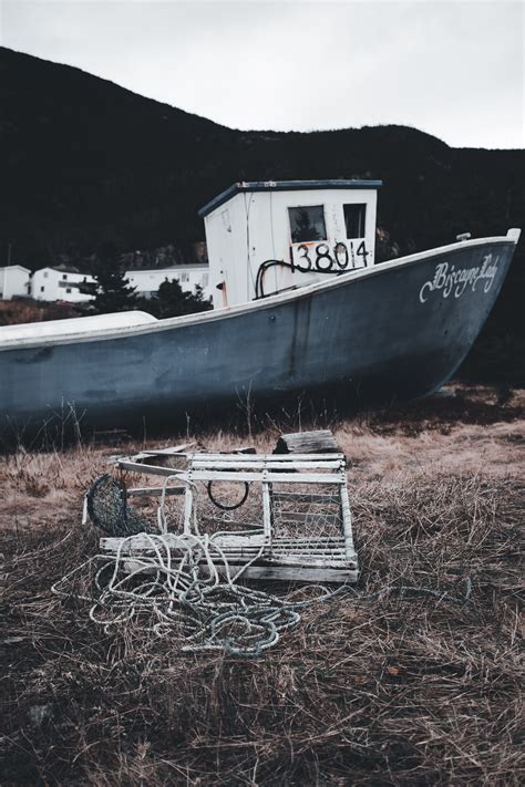 Blue and White Boat a Grassy Field · Free Stock Photo