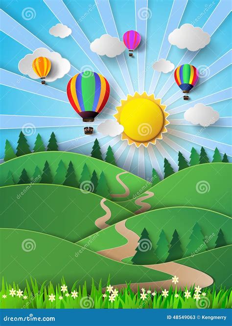 Vector Illustration Sunlight On Cloud With Hot Air Balloon Stock Vector Illustration Of Scrap