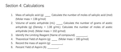 Solved Section 4 Calculations 1 Mass Of Salicylic Acid G Chegg