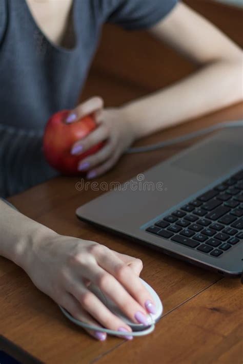 Female Hand On Computer Mouse Work On Laptop Stock Photo Image Of