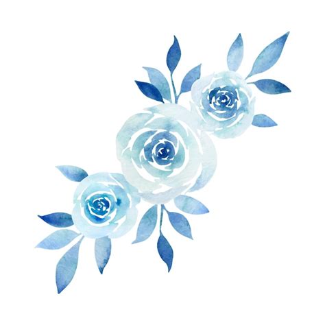 Ilustración floral acuarela de ramo de flores con rosa azul y hojas