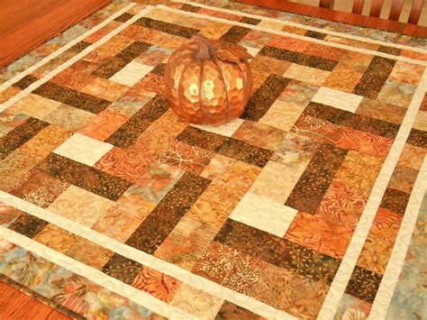 Quilted Fall Table Topper In Rust Brown Blue Large Square Autumn Table