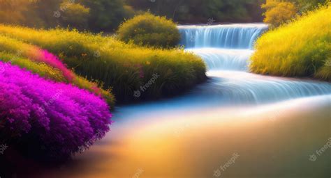 Premium AI Image | A digital painting of a waterfall with purple ...