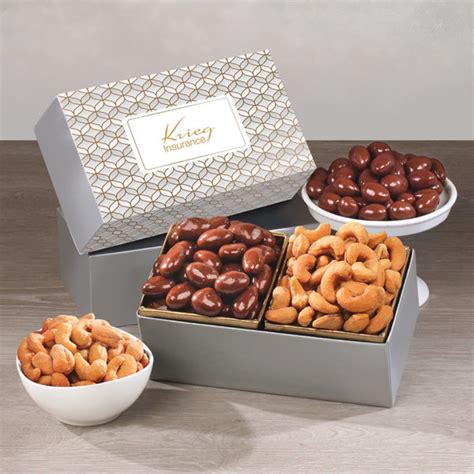 Promotional Chocolate Covered Almonds Fancy Cashews In Silver Gold T Box Personalized With