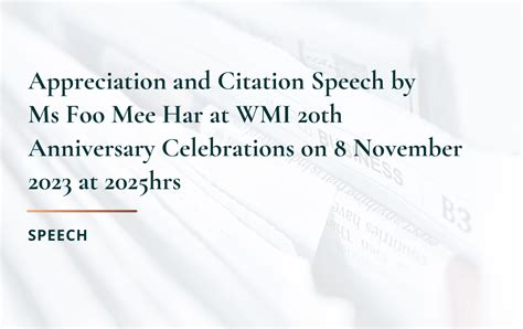 Appreciation and Citation Speech by Ms Foo Mee Har at WMI 20th ...