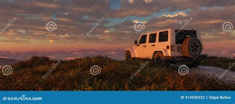 Jeep on Dirt Road with Mountain Landscape in Background. 3d Rendering ...