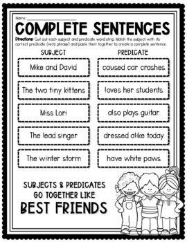 Complete And Incomplete Sentences Cut And Paste Word Strip Activity