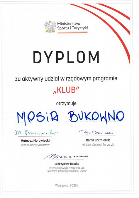 Dyplom Za Aktywny Udzia W Rz Dowym Programie Klub Miejski O Rodek