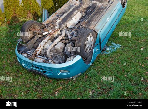 Traffic Accident Car After Rollover Lie On The Roof Stock Photo Alamy