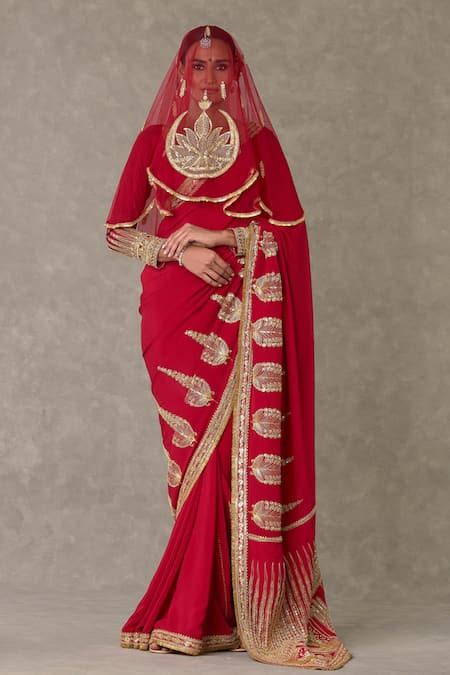 Buy Red Saree Crepe Silk Embellished Son Chidiya Embroidered Veil Set