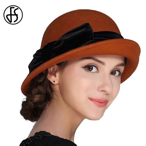 FS Elegant 100 Wool Women Hat Felt Bowknot Bowler Cap Autumn Winter