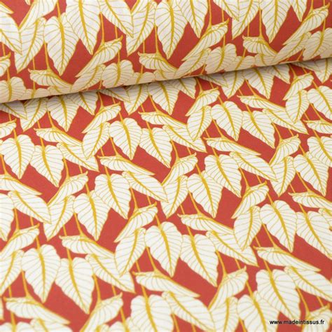 Tissu coton imprimé feuilles Horta fond rouge Oeko tex