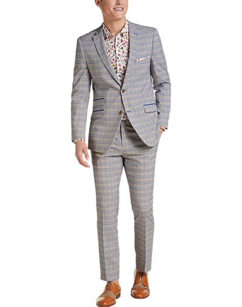 Paisley And Gray Slim Fit Suit Separates Jacket Blue And Tan Plaid Men