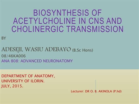 Biosynthesis Of Acetylcholine In Cns And Cholinergic Transmission Ppt