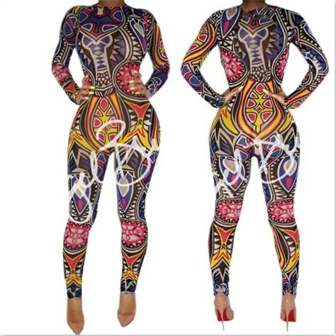 Women Tribal Tattoo Printing Jumpsuit Women Sexy Bodysuit Celebrity