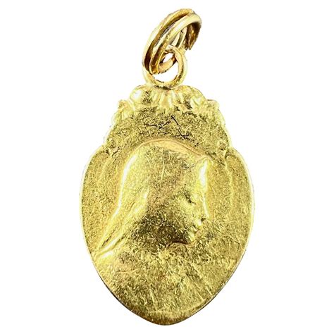 French Religious Virgin Mary K Yellow Gold Medal Pendant For Sale At