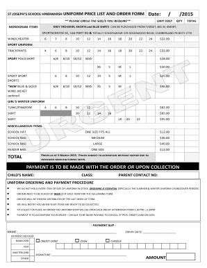 Fillable Online Sjsh Catholic Edu ST JOSEPHS SCHOOL HINDMARSH UNIFORM