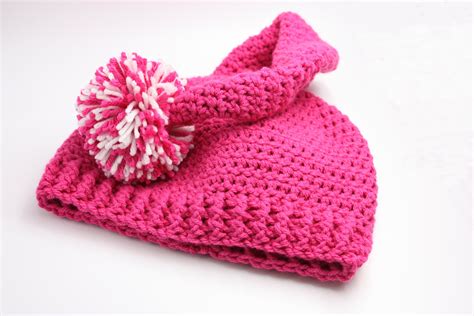 Pink Elf Hat Fun Child Hat Pom Pom Hat With Tail Crochet Pink Pom Pom ...