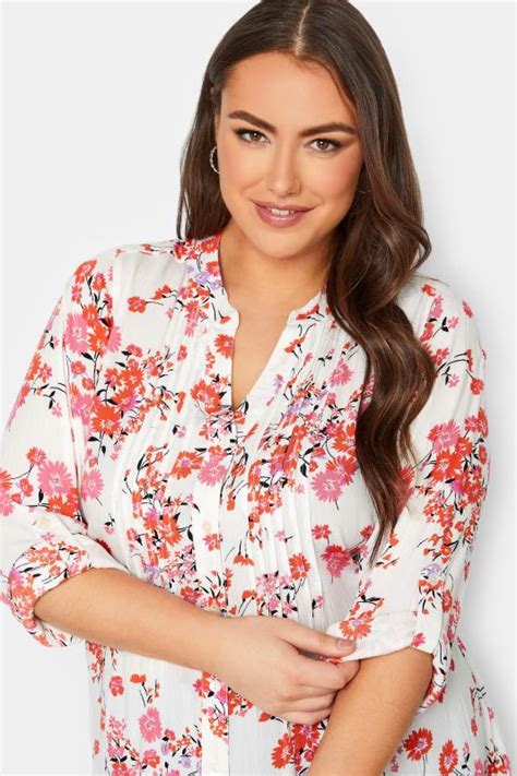 Plus Size White And Pink Floral Print Pintuck Shirt Yours Clothing