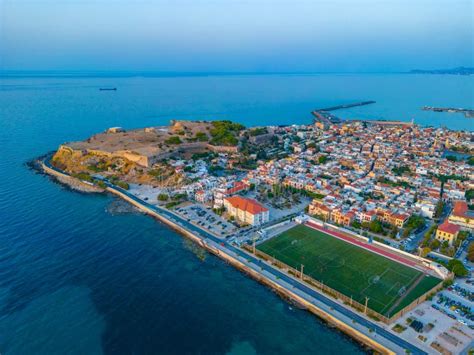 Sunset Aerial View Of Venetian Fortezza Castle In Greek Town Ret Stock