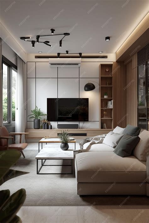 Premium Photo | A living room with a tv and a wall mounted tv.